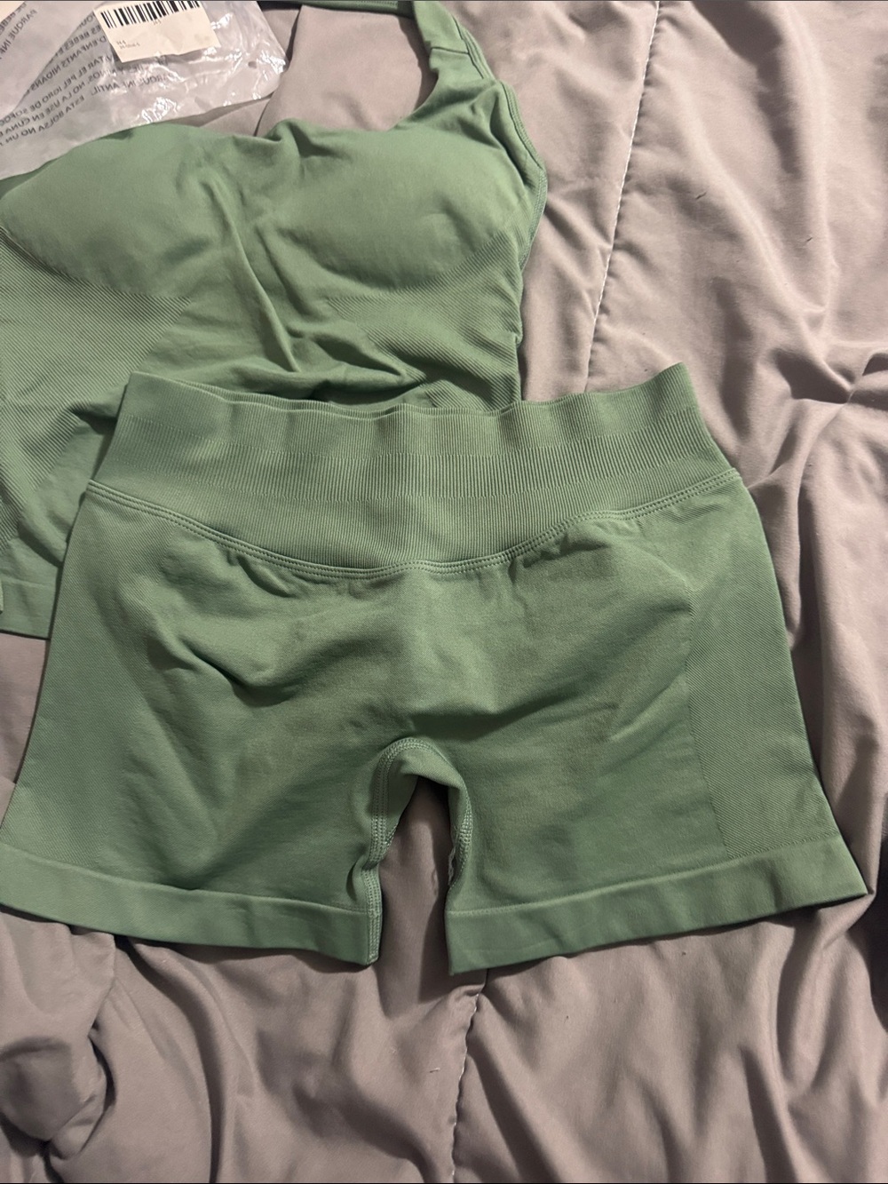 Green Ribbed Two-Piece Workout Set - Tank & High-Waist Shorts - Picture 7 of 11